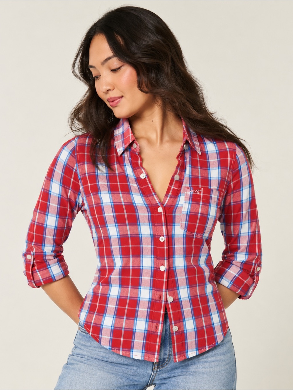 Hollister Plaid Button Down Shirt Red Blue Preppy Y2K Women Size M